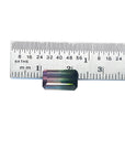 3.20 ct. loose emerald-cut watermelon tourmaline, strong green to soft pink, displayed with a ruler.