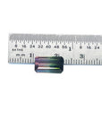 3.20 ct. loose emerald-cut watermelon tourmaline, strong green to soft pink, displayed with a ruler.