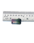 3.20 ct. loose emerald-cut watermelon tourmaline, strong green to soft pink, displayed with a ruler.