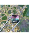 7.75 ct. emerald-cut Brazilian watermelon tourmaline gemstone with vibrant red-orange and deep bluish-green hues.