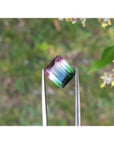 Loose 6.55 ct. emerald-cut watermelon tourmaline, red to green, held by tweezers.
