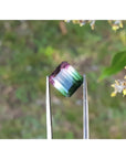 Loose 6.55 ct. emerald-cut watermelon tourmaline, red to green, held by tweezers.