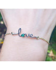 A Love bracelet white and yellow gold with a round cut natural Colombian emerald on a wrist.