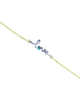 Emerald Love Bracelet: 14K yellow gold chain with "love" in white gold, featuring a round cut emerald.