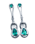 pair of pear shaped Love Knot emerald earrings in white gold, front side position top view