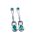 Pair of 14K white gold love knot emerald drop earrings with pear-shaped Muzo Colombian emeralds.