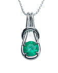 A white gold love knot pendant necklace with a round cut natural colombian emerald topside view.