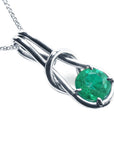 Love knot natural emerald pendant necklace in 14k white gold, top and right-side profile view.