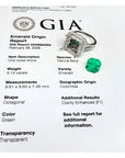 GIA report for a 4.14 ct F1 Colombian emerald ring in 14K white gold, with a loose emerald.