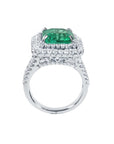 4.14 ct GIA-certified F1 Colombian emerald ring with diamond halo and band in 14K white gold.