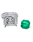 14K white gold diamond halo ring setting next to a loose, bright medium green Colombian emerald.