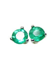 Pair of 14k white gold martini stud emerald earrings, front position top side view.