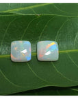 A display of colors of this matching pair of australian opals for earrings over a green leaf for contrast compare.