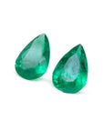 Matched pair set loose emeralds pear cut 3.62 ct. front ringt side table-crown view