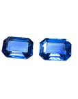 Natural blue sapphires matching pair emerald-cut for earrings, front position, displaying tables and crowns