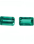Matching pair of emerald-cut 3.38 ct. loose emeralds, vibrant bluish medium deep green.