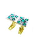 14K yellow gold cufflinks with square tops, each featuring five round emeralds and small diamonds.