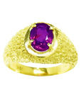 Men's 18K yellow gold ring with a sparkling oval-cut pinkish-red Burma ruby, prong-set.
