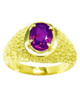 Men's 18K yellow gold ring with a sparkling oval-cut pinkish-red Burma ruby, prong-set.