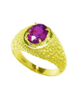 Men's 18K yellow gold ring with a sparkling pinkish-red oval cut Burma ruby, prong-set.