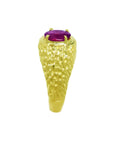 Men's 18K yellow gold ring with a solitaire oval-cut pinkish-red Burma ruby.