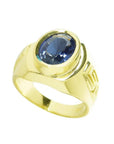 Men's 18K yellow gold ring with an oval-cut blue sapphire and Greek key design.
