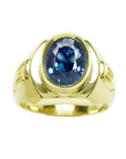 Men's genuine blue sapphire solitaire ring oval cut with a medium-dark blue hue, that highlights its brilliance and clarity made in 18K yellow gold.