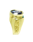 Men's 18K yellow gold ring with an oval blue sapphire, bezel set, featuring a Greek key design.