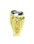 Men's 18K yellow gold ring with an oval blue sapphire, bezel set, featuring a Greek key design.