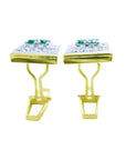 14K yellow gold men's cufflinks with square emeralds surrounded by diamonds.