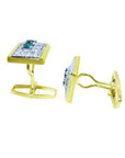 The lateral view of a pair of yellow gold cufflinks with genuine emeralds and diamonds.