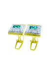 14K yellow gold men's cufflinks with two rectangular emeralds surrounded by pave diamonds.