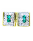 Pair of natural emerald and diamonds cufflinks for men in yellow and white gold topside view.