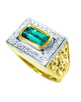 A men's gold ring with a natural colombian emerald and diamond accents on a top and side view profile.