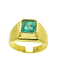 Men's 18K yellow gold pinky ring with a bezel-set, square-cut green emerald.