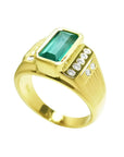 Men's 14K yellow gold ring with a rectangular Colombian emerald bezel set, flanked by burnish set diamonds.