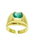 Men's 14K yellow gold solitaire ring with a bezel-set, rectangular, medium green emerald.