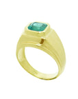Men's 14K yellow gold solitaire ring with a bezel-set, medium green emerald.