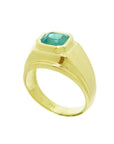 Men's 14K yellow gold solitaire ring with a bezel-set, medium green emerald.