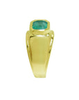 Men's 14K yellow gold solitaire ring with a bezel-set, rectangular, medium green emerald.