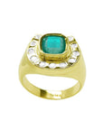 Men's 14K yellow gold ring with a cushion-cut emerald and diamond-studded horseshoe design.