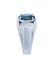 Men's 14K white gold ring with a large oval-cut greenish-blue sapphire and diamond accents.