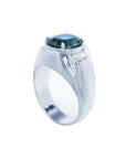 Men's natural Australian sapphire ring oval cut prong set 14K white gold, top half side down perspective