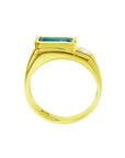 Men's 14K yellow gold ring with a deep green rectangular emerald and a side diamond.
