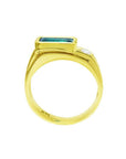 Men's 14K yellow gold ring with a deep green rectangular emerald and a side diamond.