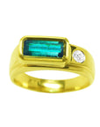 The topside view of a yellow gold men's ring with a rectangular natural colombian emerald bezel set and one accent diamond.
