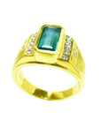 Men's 14K yellow gold ring with a rectangular Colombian emerald and burnish-set diamonds.