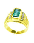 Men's 14K yellow gold ring with a rectangular Colombian emerald and burnish-set diamonds.