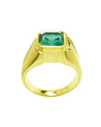 Men's 14K yellow gold solitaire ring with a square emerald-cut, medium green emerald, bezel set.