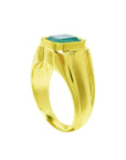 Men's 14K yellow gold solitaire ring with a square emerald-cut, medium green Colombian emerald.
